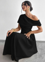 Kadın Omuzdan Açık Kısa Kollu Omuzdan Pileli Uzun Janjan Krep Elbise - Görsel 2