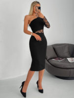 Kadın Siyah Tek Kol Dantel Detay Omuz Dekolte Krep Elbise - Görsel 5