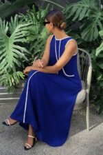 Kadın Omuzlardan Açık Yaka Ince şerit Detaylı Uzun Viskon Elbise - Görsel 3