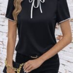 Kadın Kısa Kollu Yakası Fırfırlı Bağcıklı Janjan Krep Bluz