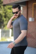 Erkek Bisiklet Yaka örgü Desenli Kısa örme Triko Kısa Kollu T-shirt - Görsel 2