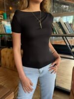 Kadın Kısa Kollu Tek Omuzu Açık Büzgülü Viskon Bluz - Görsel 3