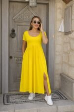 Kadın Kısa Kollu Yuvarlak Yaka önden Yırtmaçlı Cepli Viskon Uzun Elbise