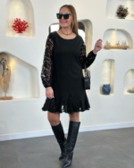 Kadın Uzun Kollu Yuvarlak Yaka Kol Ve Etek Ucu Dantelli Kısa Ithal Krep Elbise - Görsel 2