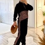 Kadın Uzun Kollu Leopar Detay Sweat Ve Yanı Leopar şerit Detay Pantolon Ikili Takım