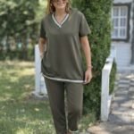 Kadın Kısa Kollu V Yakalı Iki Iplik Bluz Ve Pantolon Ikili Takım