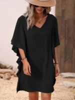 Kadın Kısa Kollu V Yakalı Yanları Volanlı Kısa Ithal Krep Elbise - Görsel 3