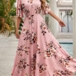 Kadın Kısa Kollu V Yakalı Desenli Süprem Elbise