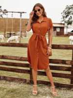 Kadın Kısa Kollu Yakalı önden Düğmeli Beli Kuşaklı Bürümcük Elbise