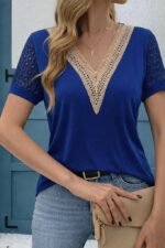 Kadın Kısa Kollu V Yakalı Dantel Detaylı Viskon Bluz