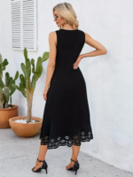 Kadın Kolsuz Etek Ucu Lazer Kesim çiçek Desenli Midi Boy Janjan Krep Elbise - Görsel 4