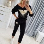 Kadın Uzun Kollu V Yakalı Desenli Viskon Iki Iplik Bluz Ve Pantolon Ikili Takım