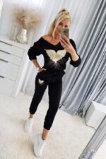 Kadın Uzun Kollu V Yakalı Desenli Viskon Iki Iplik Bluz Ve Pantolon Ikili Takım