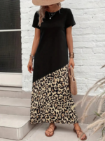 Kadın Kısa Kollu Bisiklet Yaka Leopar Detaylı Midi üst Viskon Alt Süprem Elbise - Görsel 3