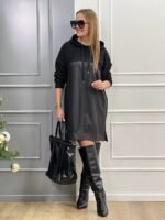 Kadın Uzun Kollu Kapüşon Ve Deri Detay Diz üstü Elbise - Görsel 8