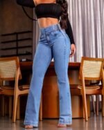 Kadın Yüksek Bel Yanları Lastik önü Düğmeli Kot Pantolon - Görsel 4