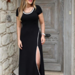 Kadın Yuvarlak Ribana Yaka Beyaz Yırtmaç Detaylı Viskon Tam Boy Elbise