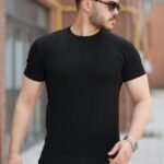 Erkek Ince çizgi Dokulu Bisiklet Yaka Kısa Kollu T-shirt