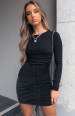 Kadın Uzun Kollu Bisiklet Yaka ön Büzgülü Kaşkorse Elbise - Görsel 2