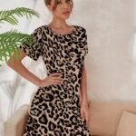 Kadın Kısa Kollu Bisiklet Yaka Leopa Desen Süprem Elbise