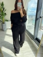 Kadın Uzun Kollu Tek Omuzdan Açık Modal Bluz Ve Pantolon Ikili Takım - Görsel 5