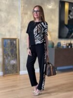 Kadın Bisiklet Yaka Kısa Kol Leopar Desen Bluz Ve Pantolon Ikili Takım - Görsel 9