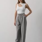 Pileli Bağcıklı Oversize Pantolon - Gri