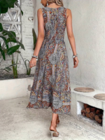 Kadın Beli Gipeli Etnik Desen Sıfır Kol Süprem Elbise - Görsel 4