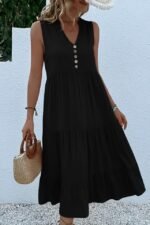 Kadın Askılı V Yakalı önden Düğmeli Midi Viskon Elbise - Görsel 2