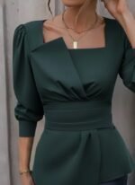 Kadın Uzun Kollu Geometrik Yakalı Belden Oturmalı Ithal Krep Bluz - Görsel 2