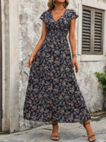 Kadın Kısa Kollu Kruvaze Yakalı çiçek Desenli Belden Lastikli Süprem Uzun Elbise - Görsel 4