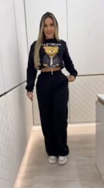 Kadın Uzun Kollu Bisiklet Yaka Desenli Iki Iplik şardonlu Bluz Ve Pantolon Ikili Takım - Görsel 2