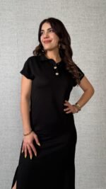 Kadın Kısa Kollu Yakalı Yandan Yırtmaçlı Viskon Iki Iplik Elbise - Görsel 2