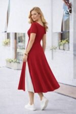 Kadın Kısa Kollu Asimetrik Yakalı Düğme Detaylı Midi Viskon Elbise - Görsel 3