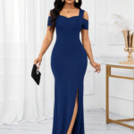 Kadın Omuzlardan Açık Askılı Yırtmaç Detaylı Uzun Ithal Krep Elbise