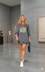 Kadın Uzun Kollu Bisiklet Yaka Yazılı Viskon Iki Iplik Elbise - Görsel 2