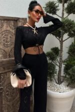 Göğüs Bağcık Detaylı Ajurlu Bluz Pantolon Takım 10098 - Görsel 8