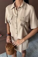 Gömlek Şort Etek Viscon Keten Takım 10162 - Görsel 3