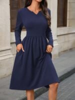 Kadın Uzun Kollu V Yakalı Cepli Midi Ithal Krep Elbise - Görsel 3