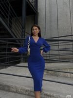 Kadın Kruvaze Yaka Balon Kol Simli Krep Kumaş Midi Boy Elbise - Görsel 2