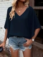 Kadın Kısa Kollu V Yakalı Salaş Viskon Bluz - Görsel 3