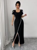 Kadın Kısa Kollu Kare Yakalı önden çapraz Kesim Detaylı Krep Elbise - Görsel 2