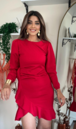 Kadın Uzun Kollu Bisiklet Yaka önden Volanlı Ithal Krep Elbise - Görsel 10