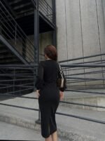 Kadın Kruvaze Yaka Balon Kol Simli Krep Kumaş Midi Boy Elbise - Görsel 5