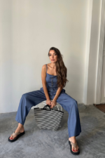 TENCEL CROP ASKILI BLUZ - ŞALVAR PANTOLON TK - İndigo - Görsel 2