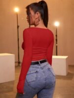 Kadın Kırmızı Kaşkorse Kumaş Bluz - Görsel 5