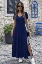 Kadın Kısa Kollu V Yakalı Maksi Boy Viskon Elbise - Görsel 3