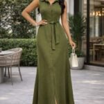 Kadın önden Düğmeli Beli Kuşaklı Maxi Boy Aerobin Kumaş Gömlek Elbise