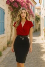 Kadın Kısa Kollu Kruvaze Yaka Krep Elbise (Kemersiz) - Görsel 7