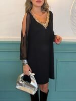 Kadın Uzun Kollu V Yaka Kollar Tül Yırtmaç Detay Kol Manşetleri Ve Yaka Payet Krep Elbise - Görsel 10